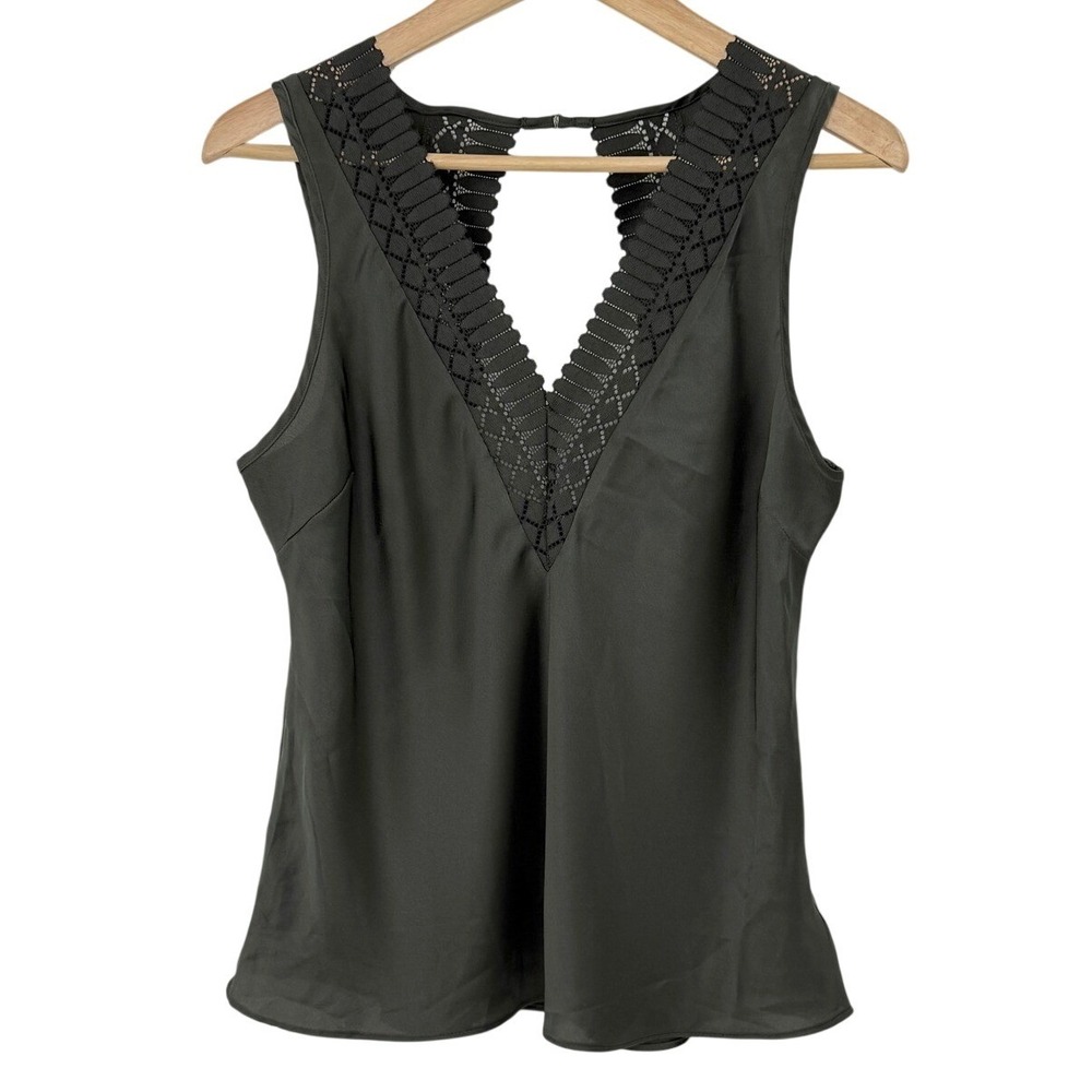 Etam Womens Sleeveless V-Neck Lace Trim Keyhole Back Blouse Dark Olive‎ Green M